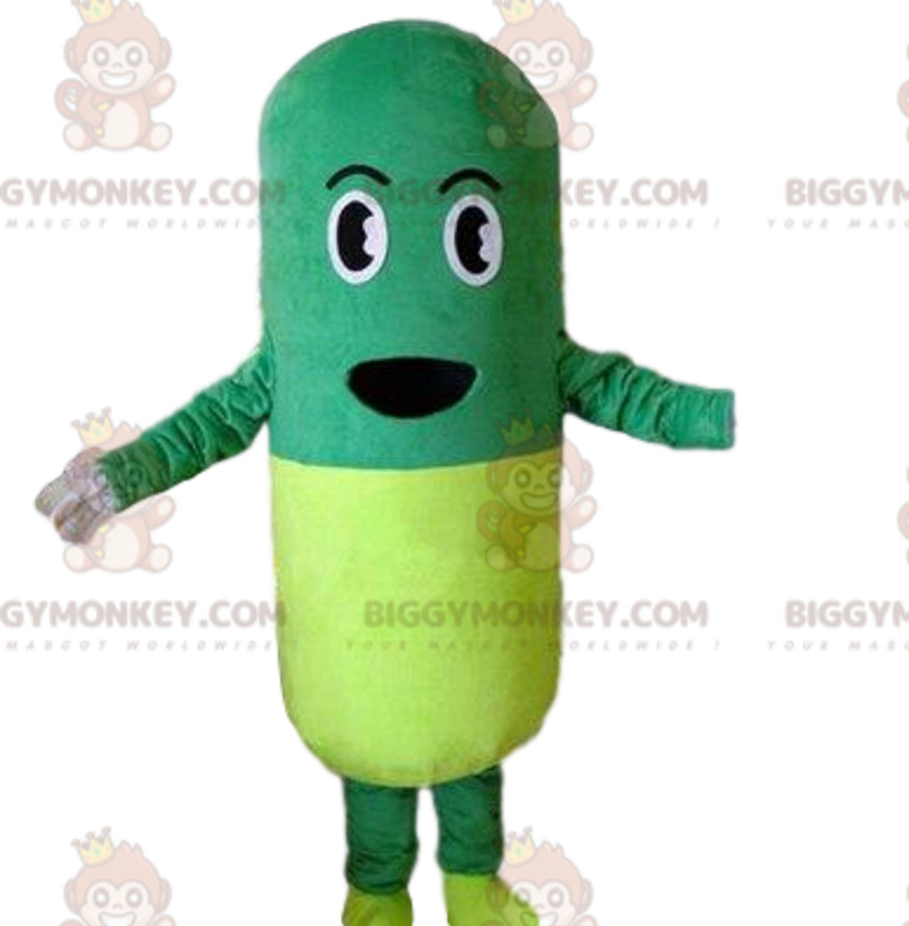 BIGGYMONKEYmascot costume pill costume. Green and yellow stamp costume