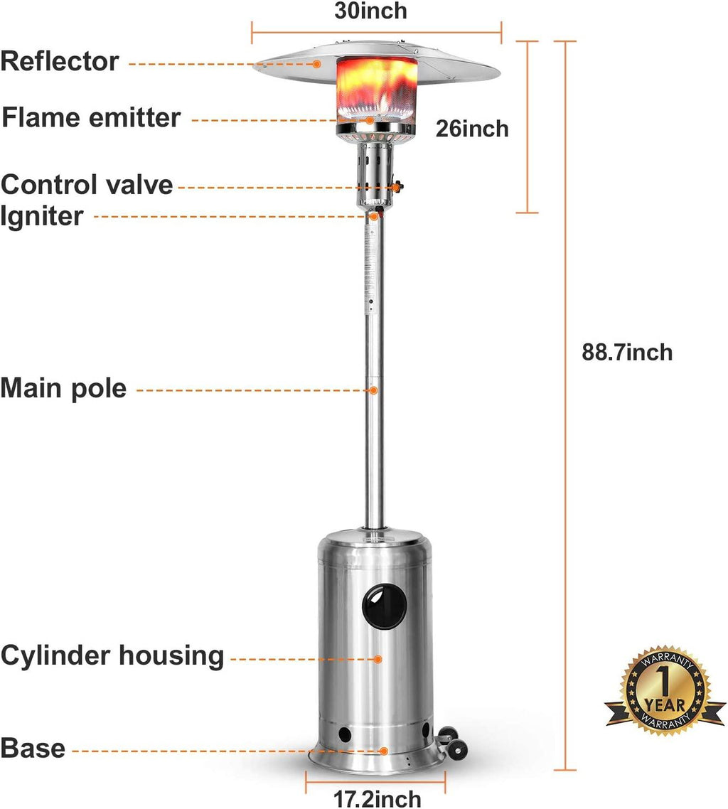 48000 BTU Outdoor Propane Patio Heater, Tainless Steel Outside Space Gas Heater with Wheels, Standing Patio Floor Air Heater, for Commercial, Residential, Garden, Porch, Party, Deck