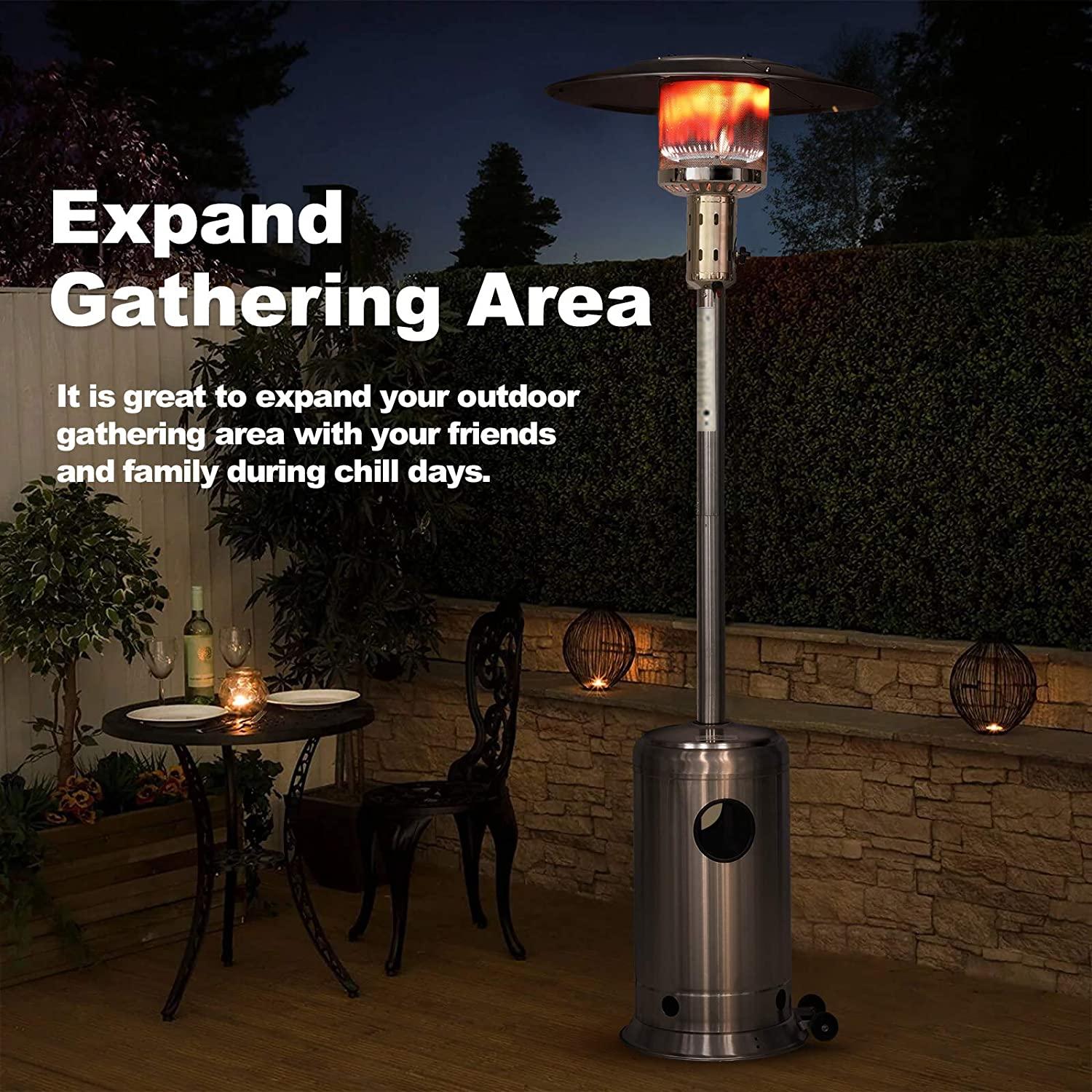 48000 BTU Outdoor Propane Patio Heater, Tainless Steel Outside Space Gas Heater with Wheels, Standing Patio Floor Air Heater, for Commercial, Residential, Garden, Porch, Party, Deck
