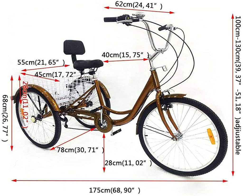 HKPLDE 24 Inch Adult Tricycle 3 Wheel Bicycle with White Basket Adult Tricycle Bike with Steel Frame