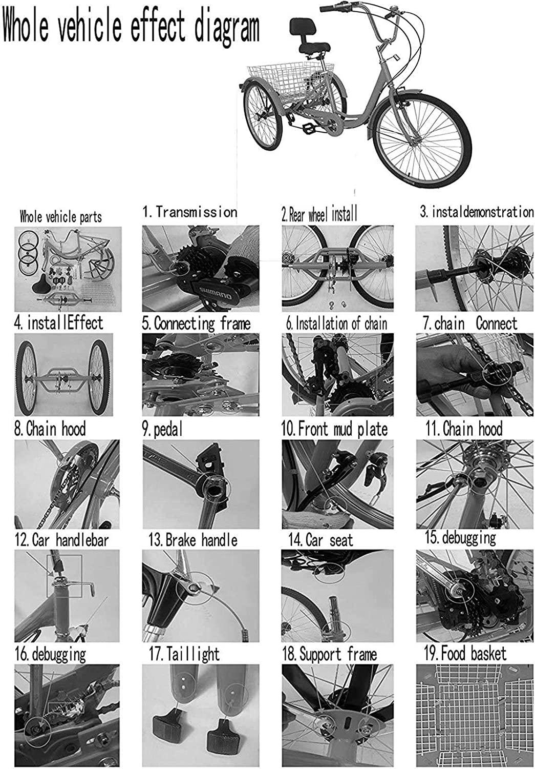 HKPLDE 24 Inch Adult Tricycle 3 Wheel Bicycle with White Basket Adult Tricycle Bike with Steel Frame