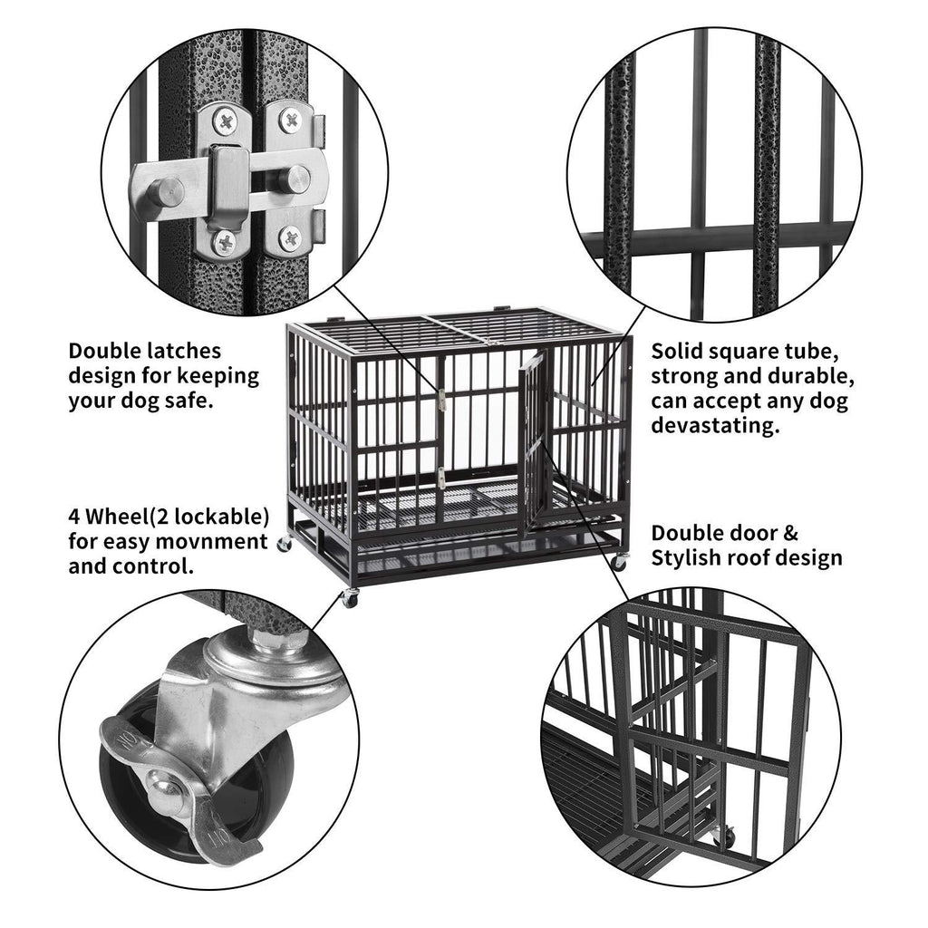 PUPZO Heavy Duty Dog CaCrate Kennel Carbon Steel with Four Wheels for LarDogs Easy to Install
