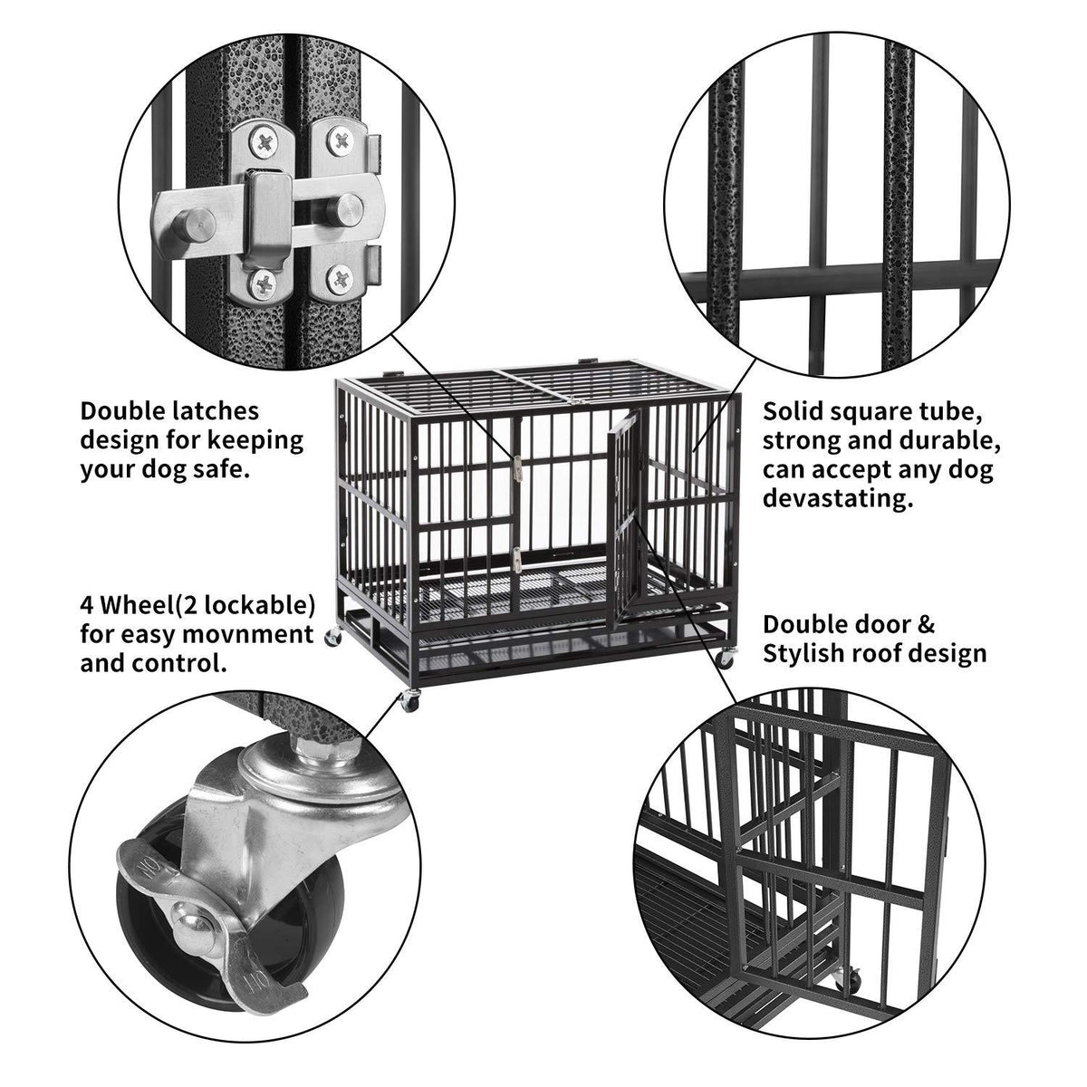 PUPZO Heavy Duty Dog CaCrate Kennel Carbon Steel with Four Wheels for LarDogs Easy to Install