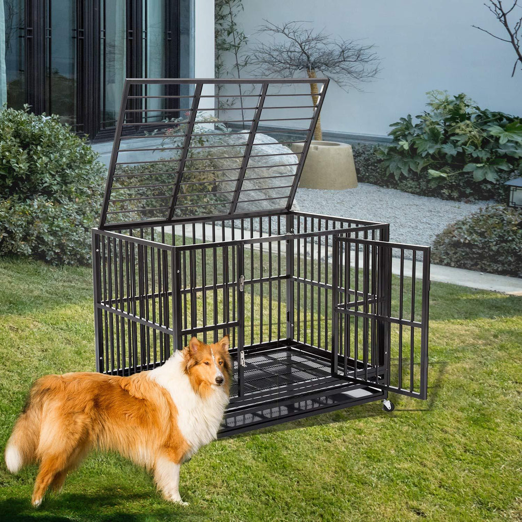 PUPZO Heavy Duty Dog CaCrate Kennel Carbon Steel with Four Wheels for LarDogs Easy to Install