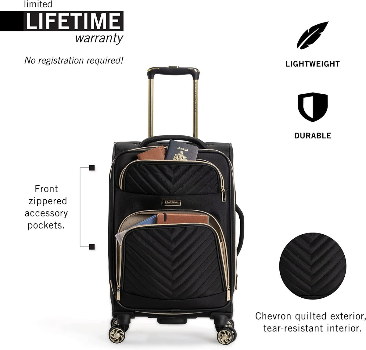 Women's Chelsea Luggage Chevron Softside 8-Wheel Spinner Expandable Suitcase Collection, Black, 2-Piece Set (20"/28")