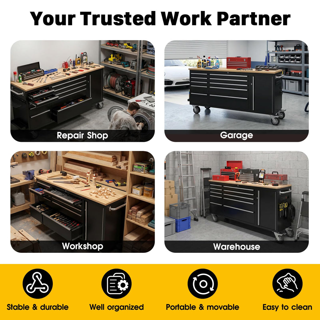 72" Rolling Tool Chest, Heavy-Duty Tool Box with Power Outlet, Tool Cabinet with 10 Drawers, Rubber Workbench with Key LocSystem Drawer Liners for GaraWarehouse Repair Shop