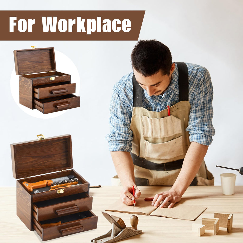 11 Inch Mini Wooden Tool Box with 2 Drawers and Top Storage, Portable Small Tool Chest with PVC Liners, Mini Tools StoraBox Organizer Makeup Boxs with Metal Latch Closure