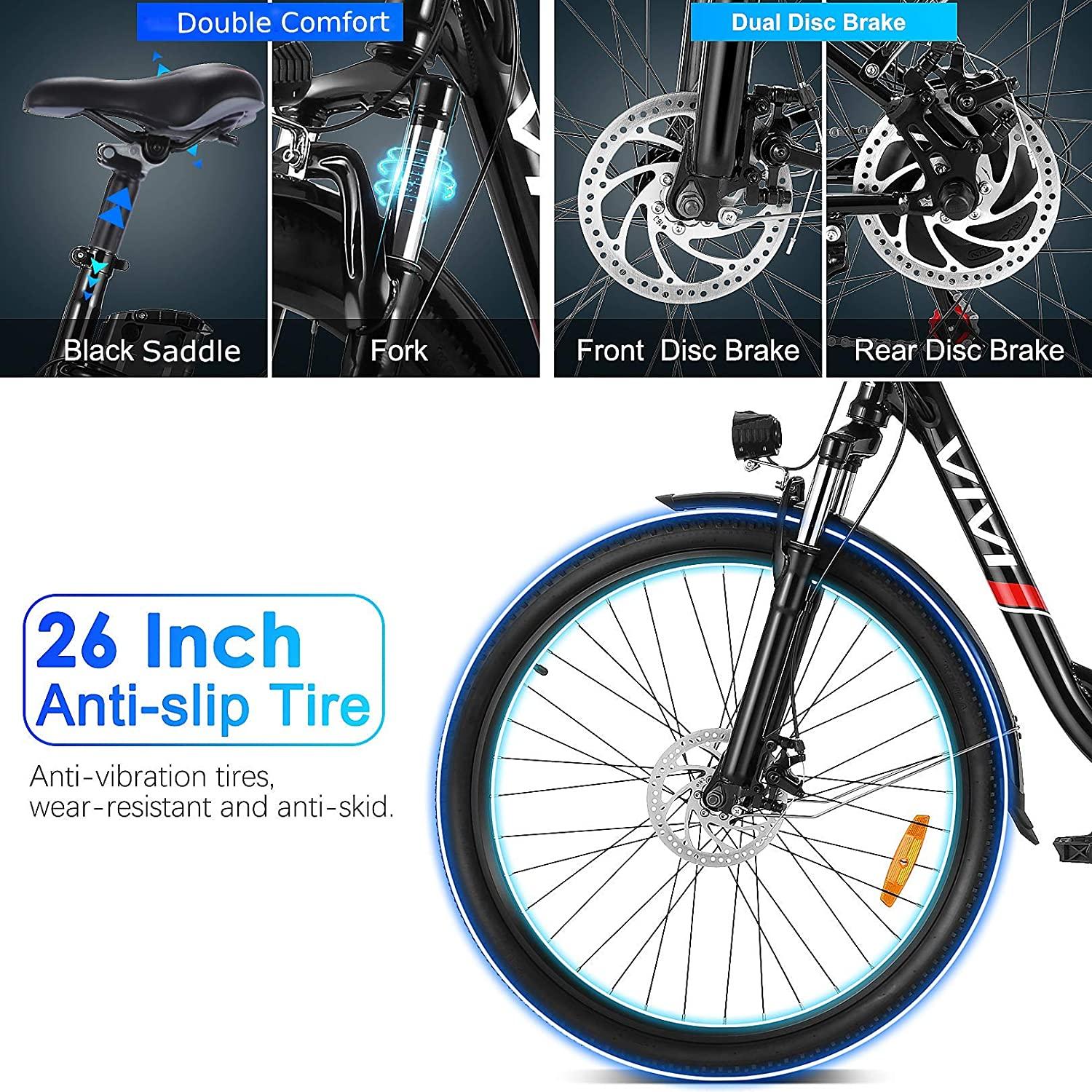 VIVI 350W Electric Bike, 26" Electric Cruiser Bike Ebike 21MPH Electric Bikes for Adults with Removable 8Ah Lithium-Ion Battery, Professional 7 Speed, City Commuter Electric Bicycle