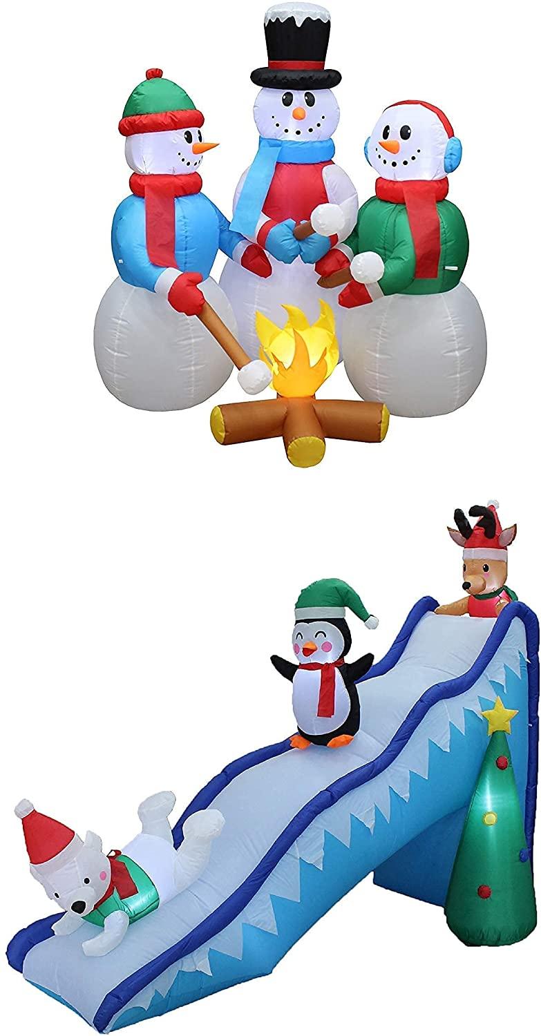Two Christmas Party Decorations Bundle, Includes 5 Foot Tall HuChristmas Inflatable Snowmen Snowman Campfire Camping, and 9 Foot Long Christmas Inflatable Penguin Reindeer Polar Bear Christmas Tree