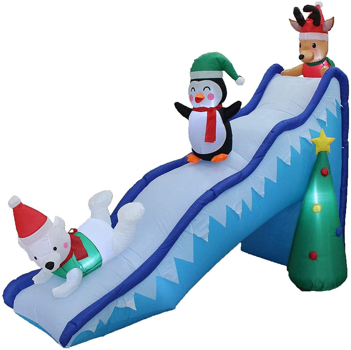 Two Christmas Party Decorations Bundle, Includes 5 Foot Tall HuChristmas Inflatable Snowmen Snowman Campfire Camping, and 9 Foot Long Christmas Inflatable Penguin Reindeer Polar Bear Christmas Tree
