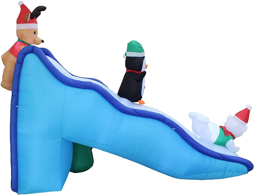 Two Christmas Party Decorations Bundle, Includes 5 Foot Tall HuChristmas Inflatable Snowmen Snowman Campfire Camping, and 9 Foot Long Christmas Inflatable Penguin Reindeer Polar Bear Christmas Tree