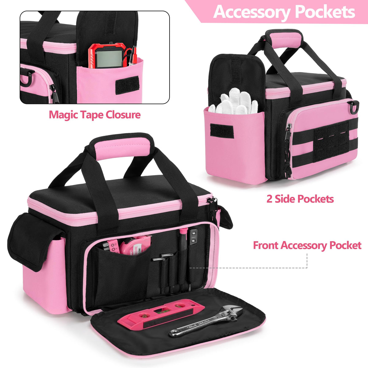 Pink Tool Bag for Women, Tool StoraOrganizer with Anti-friction and Thick Padded Bottom, Tactical RanBag, Multi-functional Work Bag for Repairman, Electrician, Carpenters, Pink