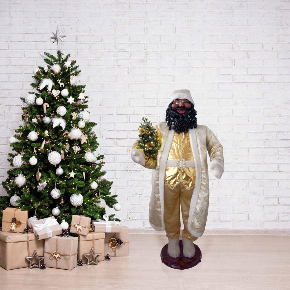 58 in. Christmas African American Dancing Santa Claus in Paisley Cost with Prelit Christmas Tree