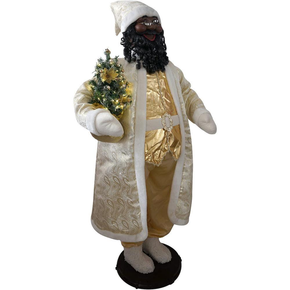 58 in. Christmas African American Dancing Santa Claus in Paisley Cost with Prelit Christmas Tree
