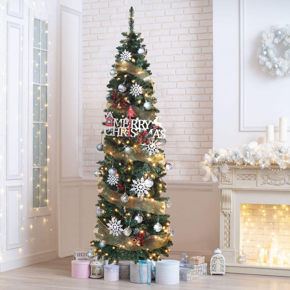 7.5 ft. Green Pencil Artificial Christmas Tree with White LED Lights