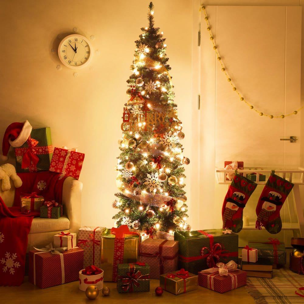 7.5 ft. Green Pencil Artificial Christmas Tree with White LED Lights