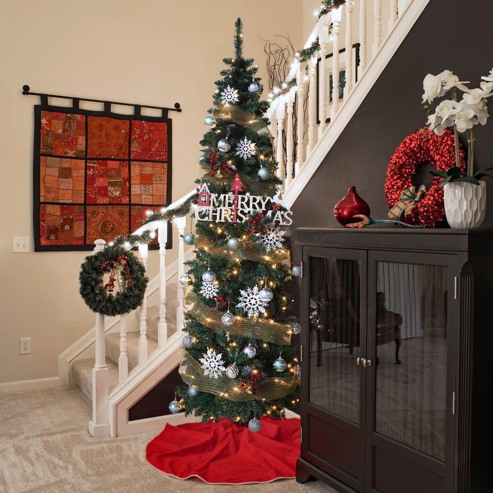 7.5 ft. Green Pencil Artificial Christmas Tree with White LED Lights