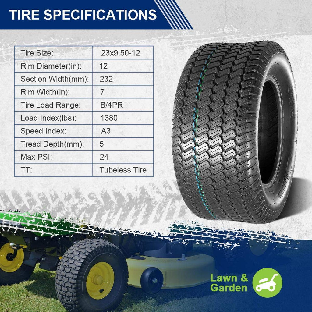23x9.50-12 Lawn Mower Tire 23-9.5-12 Turf Tires 23x9.5x12 Lawn Tractor Tires 23x9.5-12 nhs 4PR P332, Set of 2