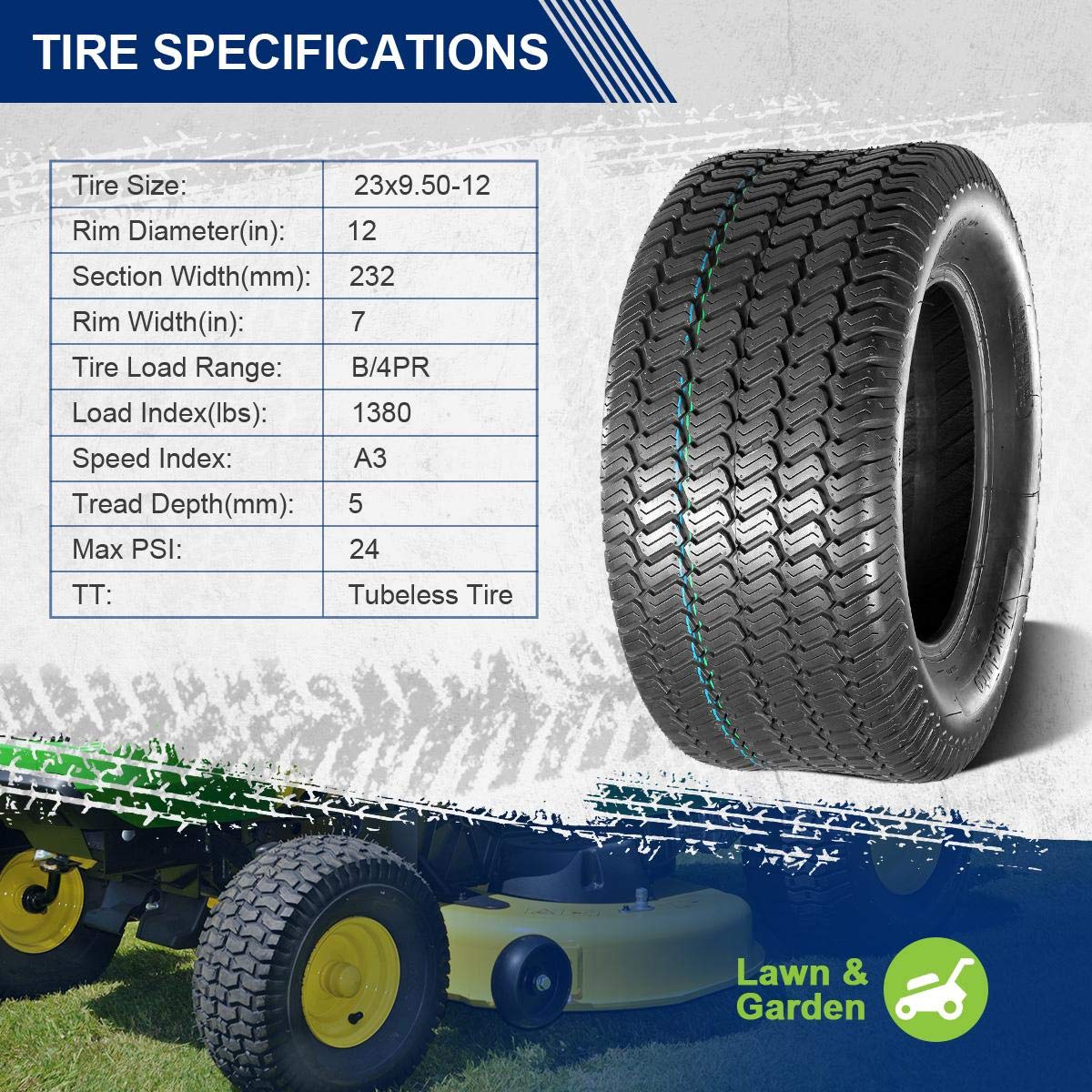 23x9.50-12 Lawn Mower Tire 23-9.5-12 Turf Tires 23x9.5x12 Lawn Tractor Tires 23x9.5-12 nhs 4PR P332, Set of 2
