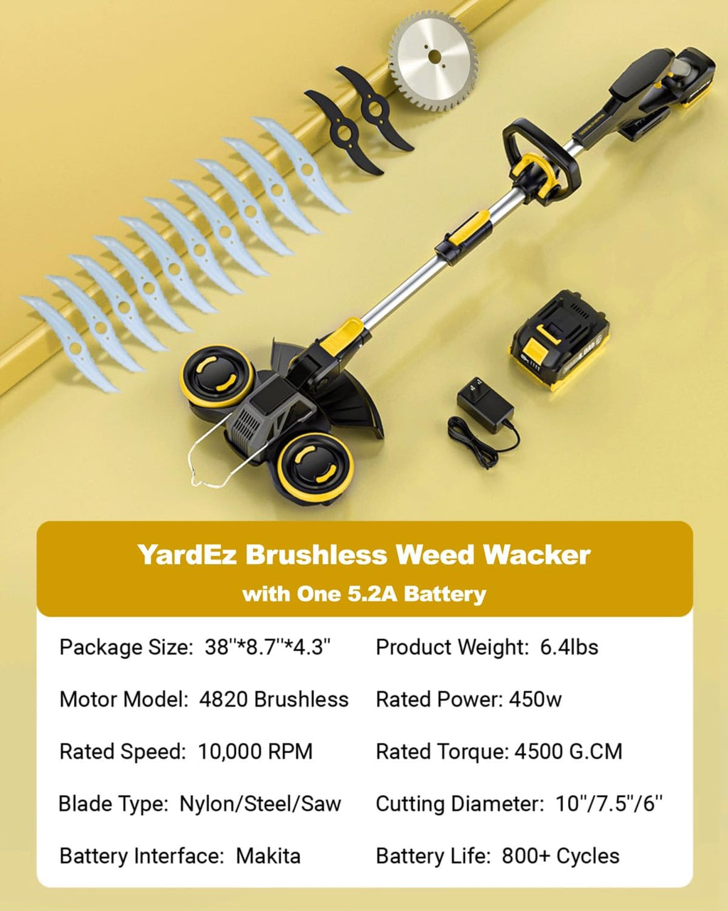 Brushless Cordless Weed Wacker, 4820 Gear Brushless Motor 20V Battery Powered Weed Eater, 3-in-1 Trimmer/Edger/Lawn Mower (5.2A Battery)