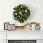 20 in. Cedar Ruscus and Magnolia with Berries Artificial Wreath