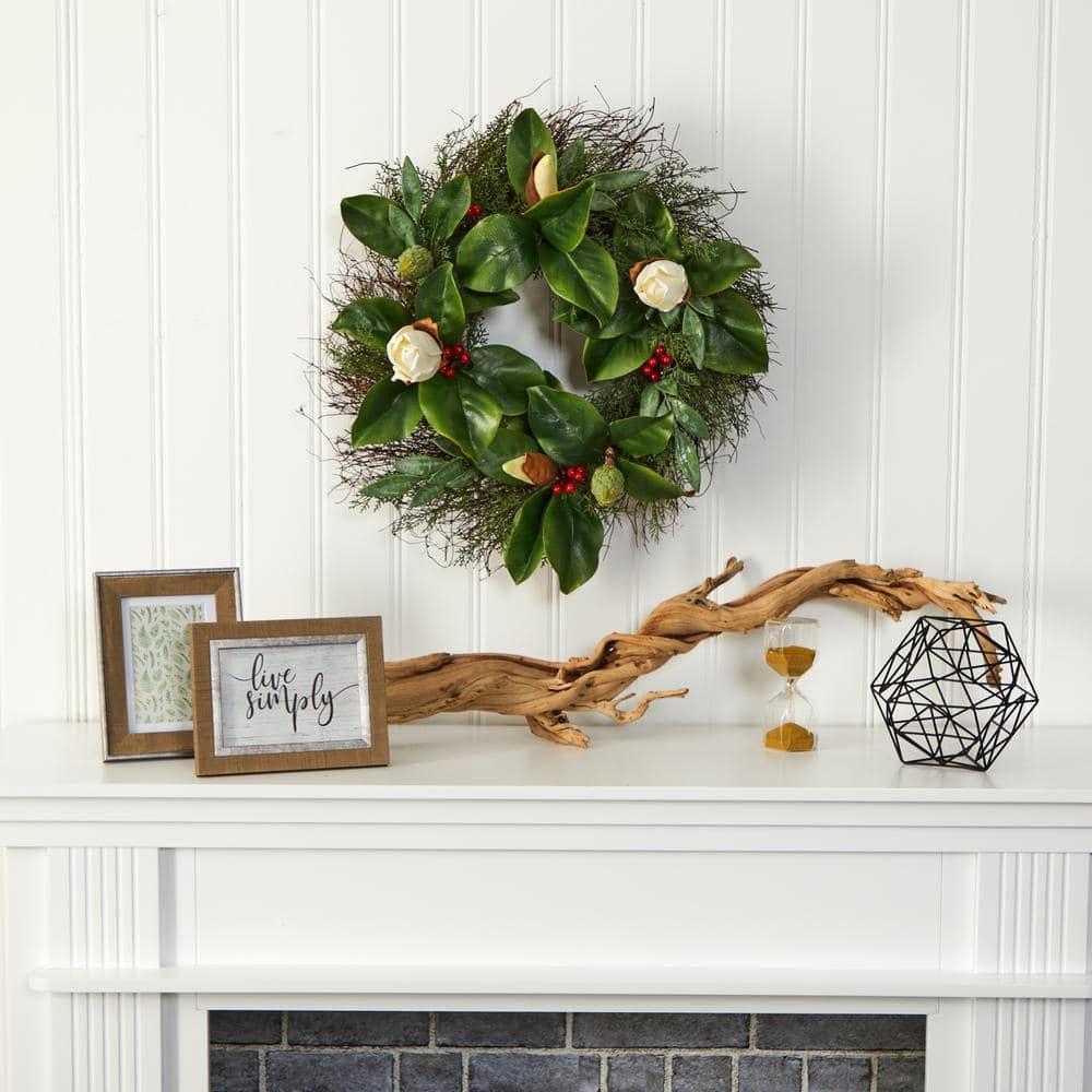 20 in. Cedar Ruscus and Magnolia with Berries Artificial Wreath