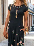 Ladies Round Neck Floral Print Fashion Dress
