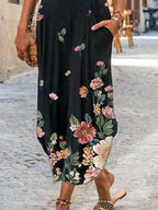 Ladies Round Neck Floral Print Fashion Dress