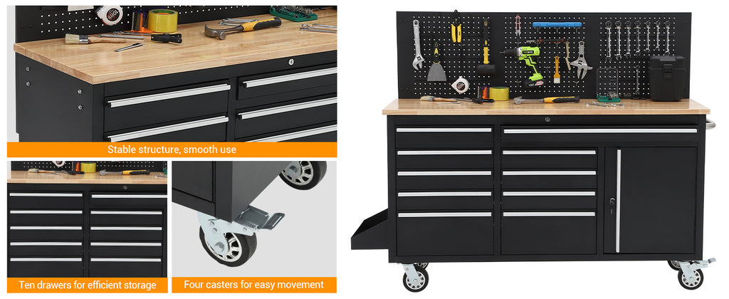 61-Inch Heavy Duty Rolling Tool Chest with 10 Drawers and Solid Rubber Top Mobile Workstation, 1675 LBS Load, Includes Power Strip, LocSystem for GaraWarehouse Repair Shop