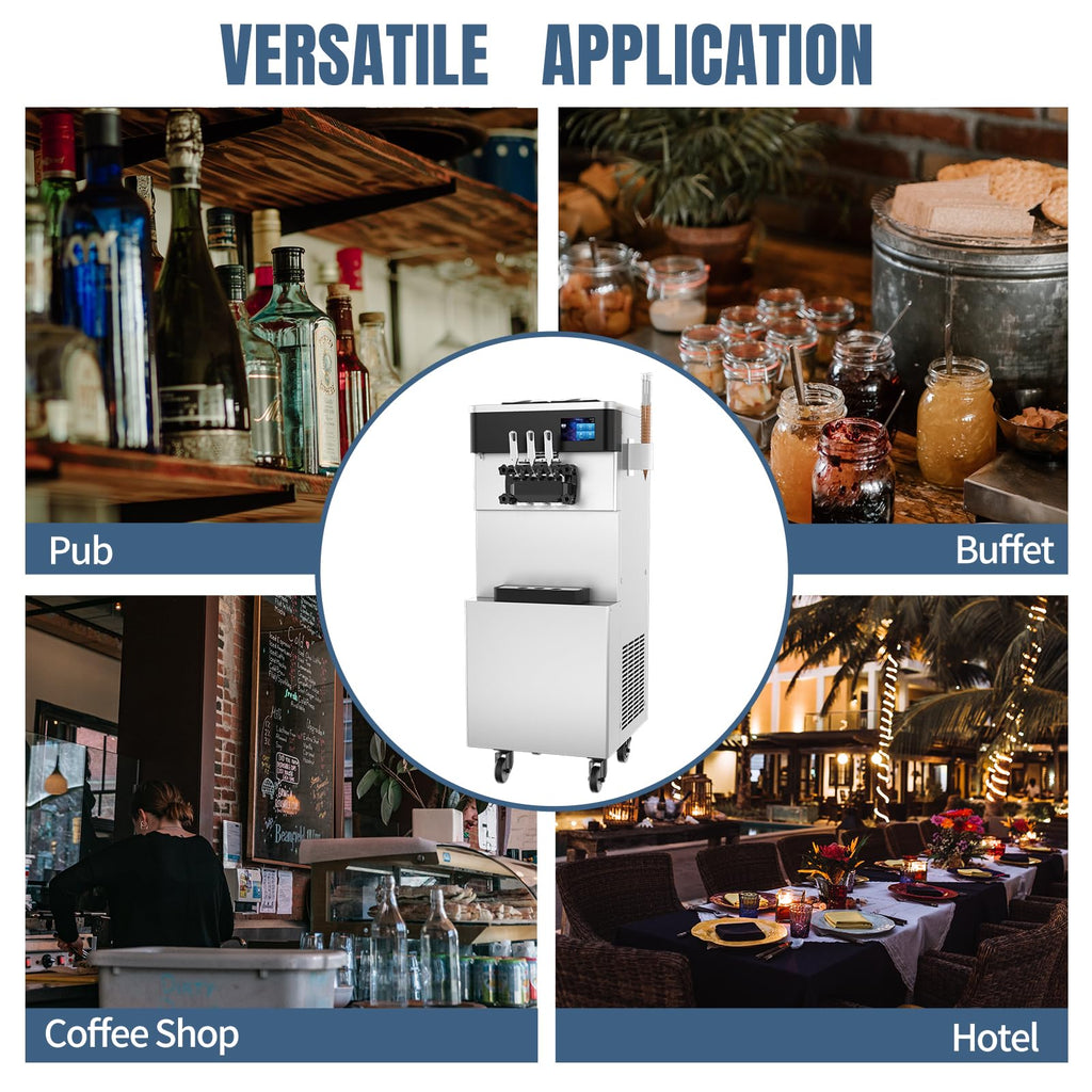 Commercial Ice Cream Machine - 110V 2450W 3 Flavors Soft Serve Ice Cream Machine 5.3 to 7.4 Gallons/H Auto Clean LCD Touch Screen Ideal Soft Serve Maker for Snack Restaurants Bars