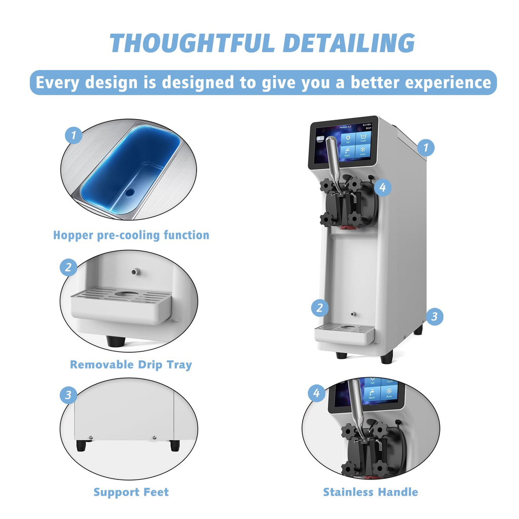 Commercial Ice Cream Maker Machine 1000W 2.7 to 4 Gal/H Single Flavor Soft Serve Ice Cream Machine Pre-cooling Auto Clean LCD Touch Screen Soft Serve Maker for Snack Bar Restaurants