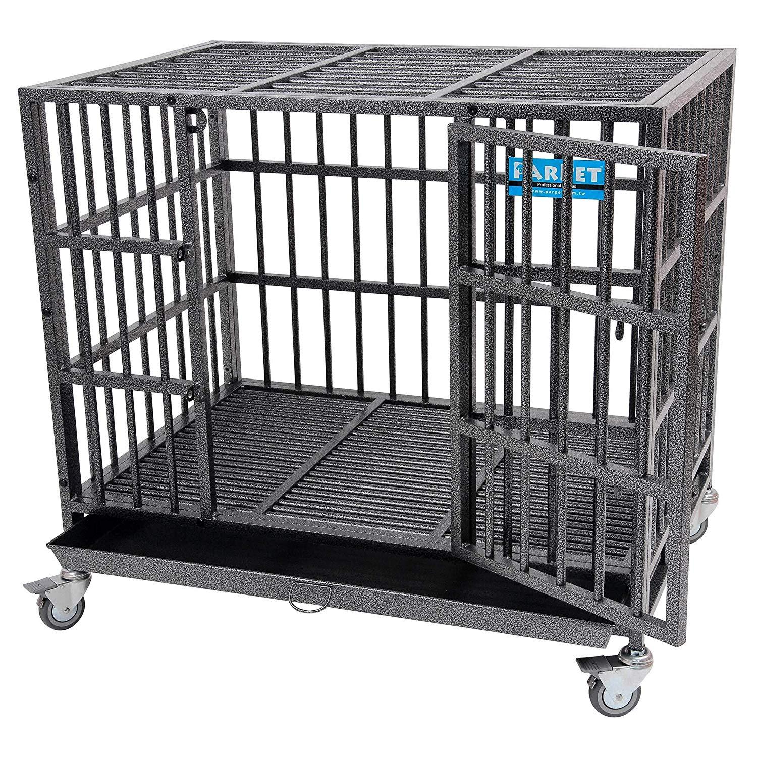 PARPET Heavy Duty  Dog Crate Strong Metal Pet Kennel Cawith Removable Wheels/Steel Tray