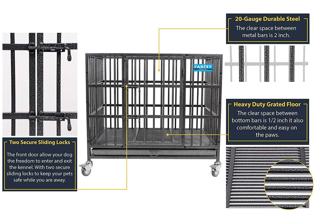 PARPET Heavy Duty  Dog Crate Strong Metal Pet Kennel Cawith Removable Wheels/Steel Tray