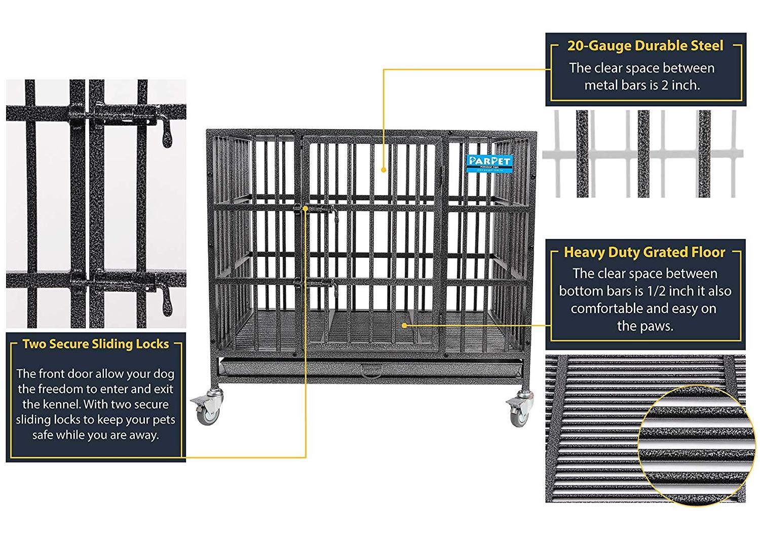 PARPET Heavy Duty  Dog Crate Strong Metal Pet Kennel Cawith Removable Wheels/Steel Tray