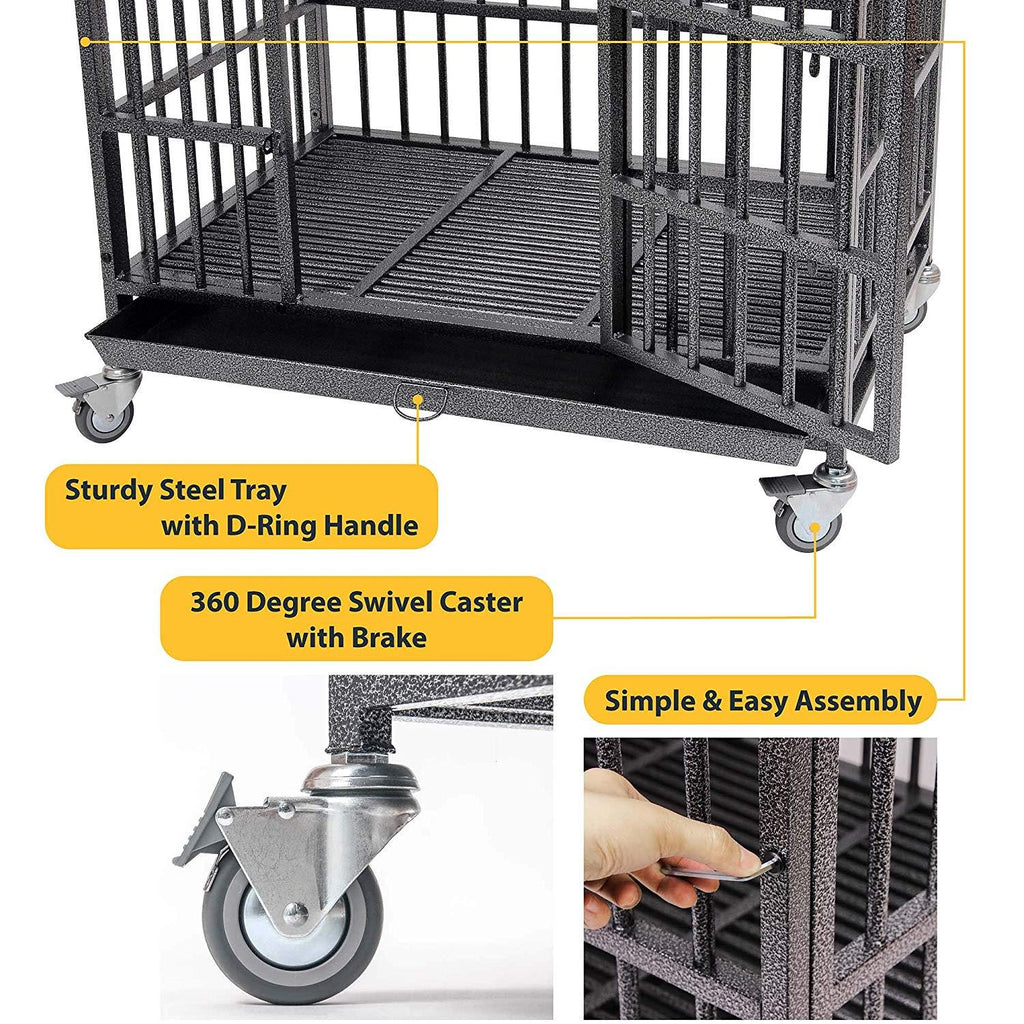 PARPET Heavy Duty  Dog Crate Strong Metal Pet Kennel Cawith Removable Wheels/Steel Tray