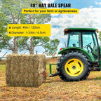 mophorn hay spear 49" bale spear 3000 lbs capacity, bale spike quick attach square hay bale spears 1 3/4" wide, red coated bale forks, bale hay spike with 2 stabilizer spears conus 2