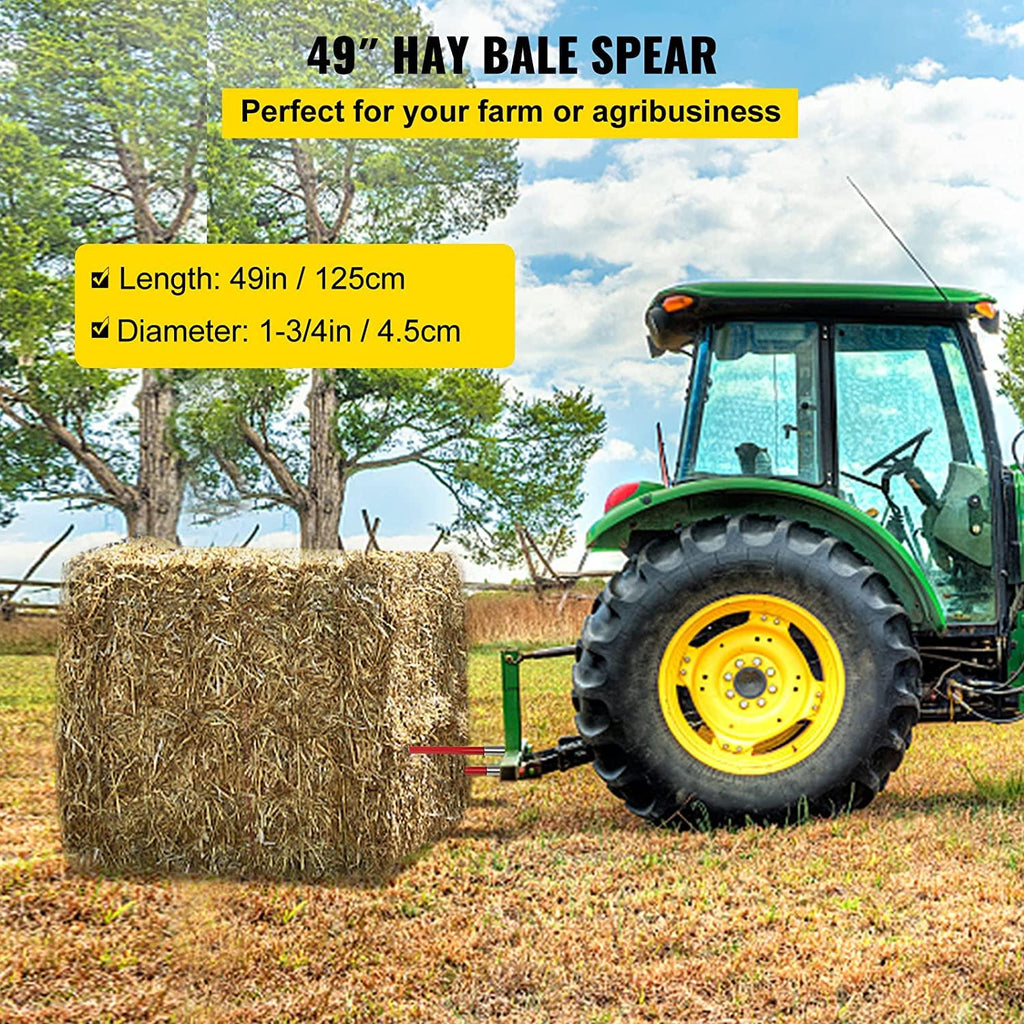 mophorn pair hay spear 49" bale spear 3000 lbs capacity, bale spike quick attach square hay bale spears 1 3/4", red coated bale forks, bale hay spike with hex nut &amp; sleeve for buckets tractors loaders