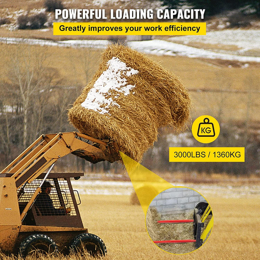 mophorn hay spear 49" bale spear 3000 lbs capacity, bale spike quick attach square hay bale spears 1 3/4" wide, red coated bale forks, bale hay spike with 2 stabilizer spears conus 2