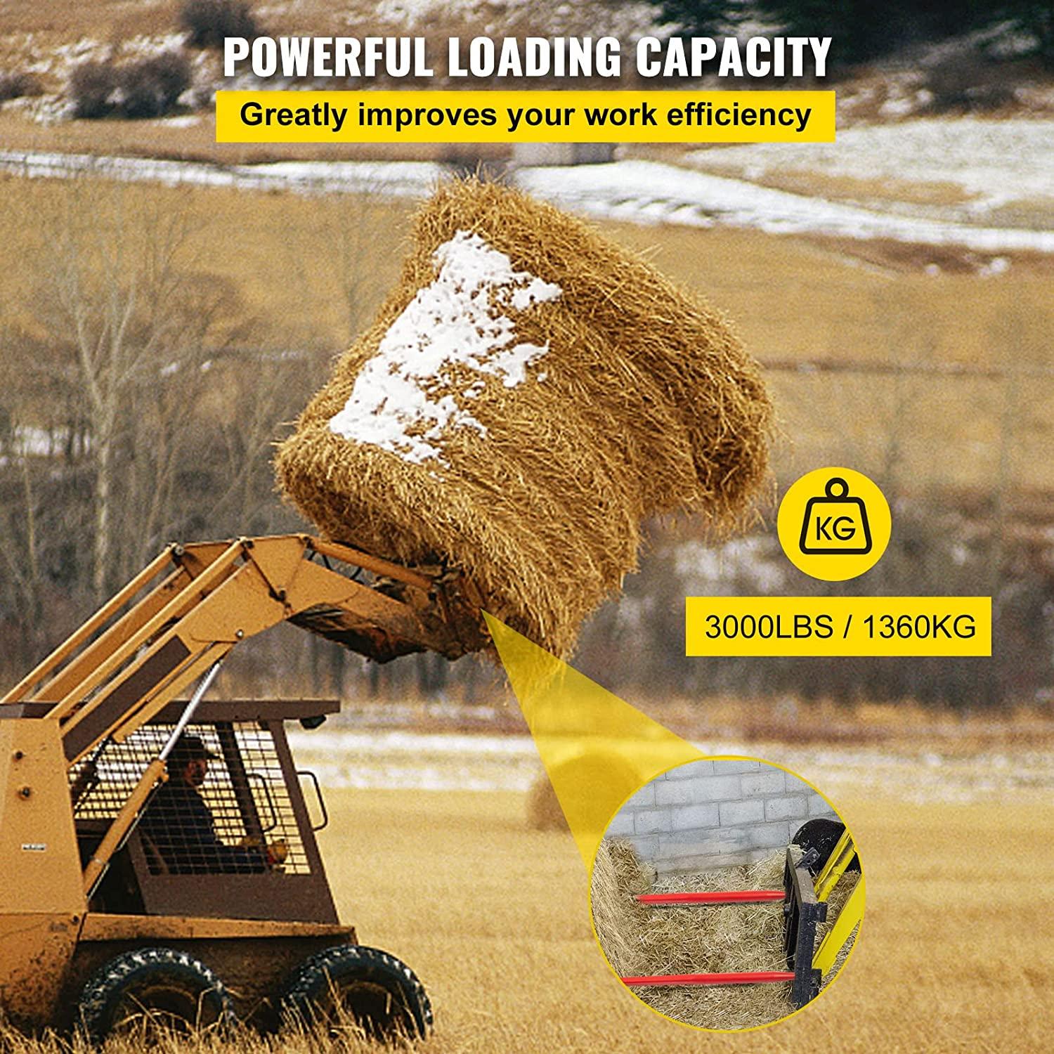mophorn hay spear 49" bale spear 3000 lbs capacity, bale spike quick attach square hay bale spears 1 3/4" wide, red coated bale forks, bale hay spike with 2 stabilizer spears conus 2