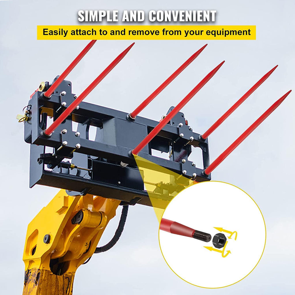mophorn hay spear 49" bale spear 3000 lbs capacity, bale spike quick attach square hay bale spears 1 3/4" wide, red coated bale forks, bale hay spike with 2 stabilizer spears conus 2