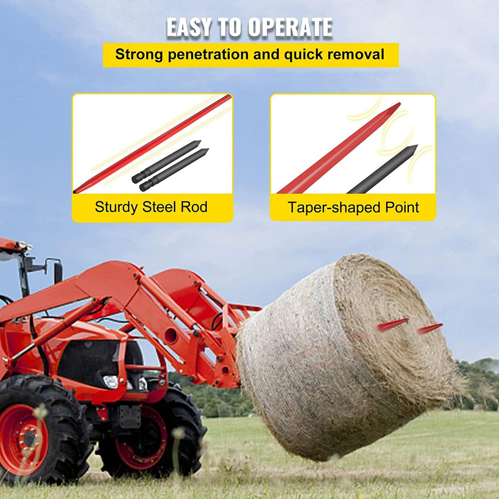 mophorn hay spear 49" bale spear 3000 lbs capacity, bale spike quick attach square hay bale spears 1 3/4" wide, red coated bale forks, bale hay spike with 2 stabilizer spears conus 2