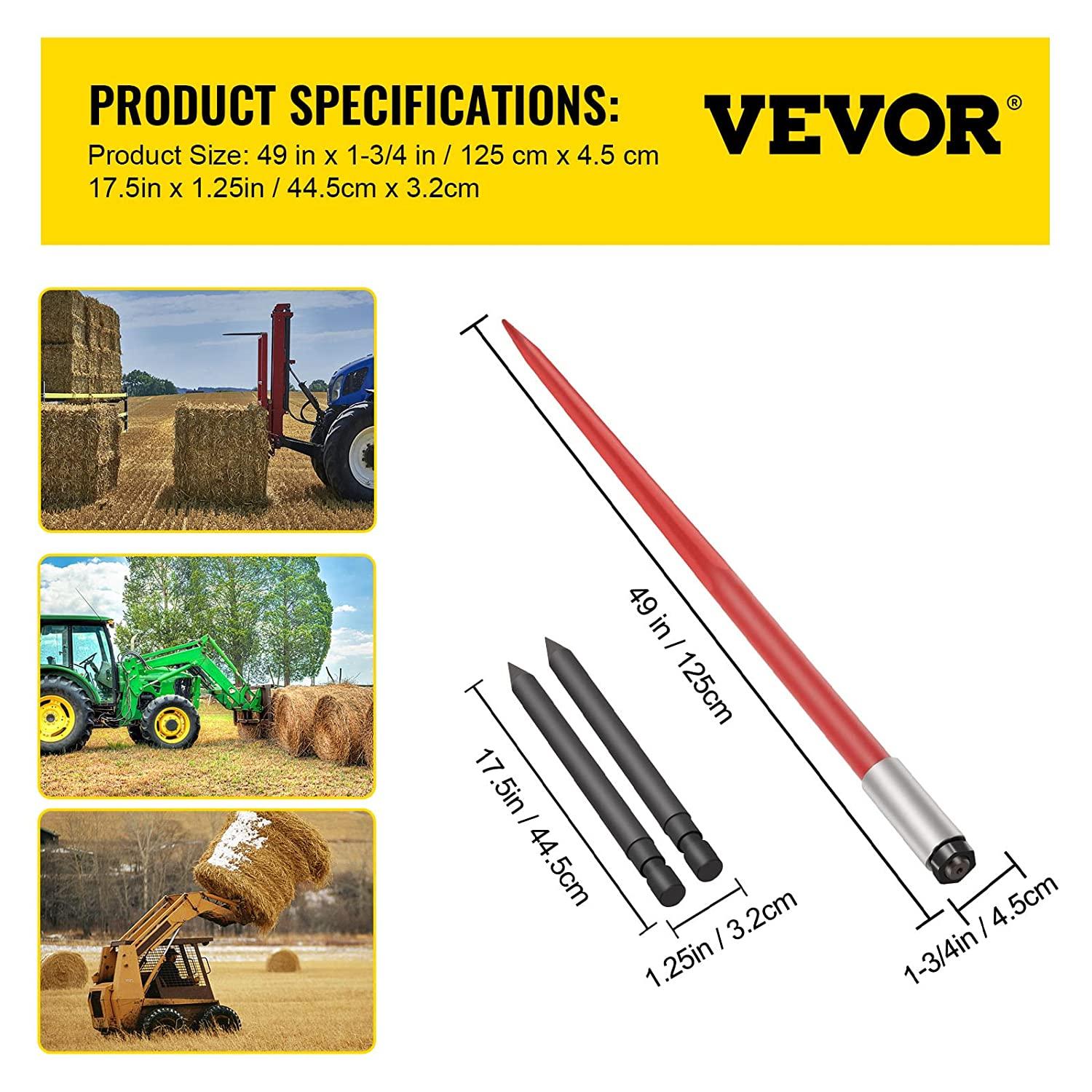 mophorn hay spear 49" bale spear 3000 lbs capacity, bale spike quick attach square hay bale spears 1 3/4" wide, red coated bale forks, bale hay spike with 2 stabilizer spears conus 2