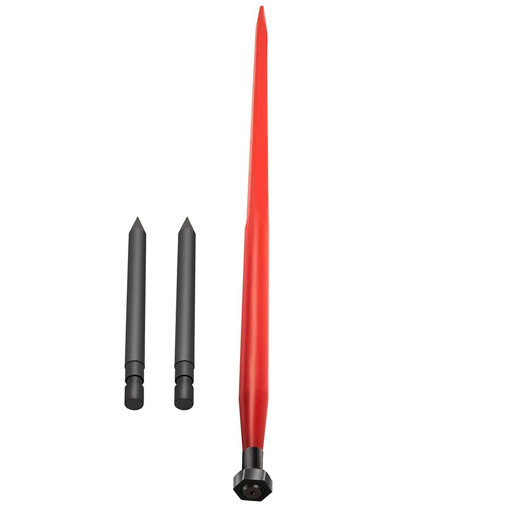mophorn hay spear 49" bale spear 3000 lbs capacity, bale spike quick attach square hay bale spears 1 3/4" wide, red coated bale forks, bale hay spike with 2 stabilizer spears conus 2
