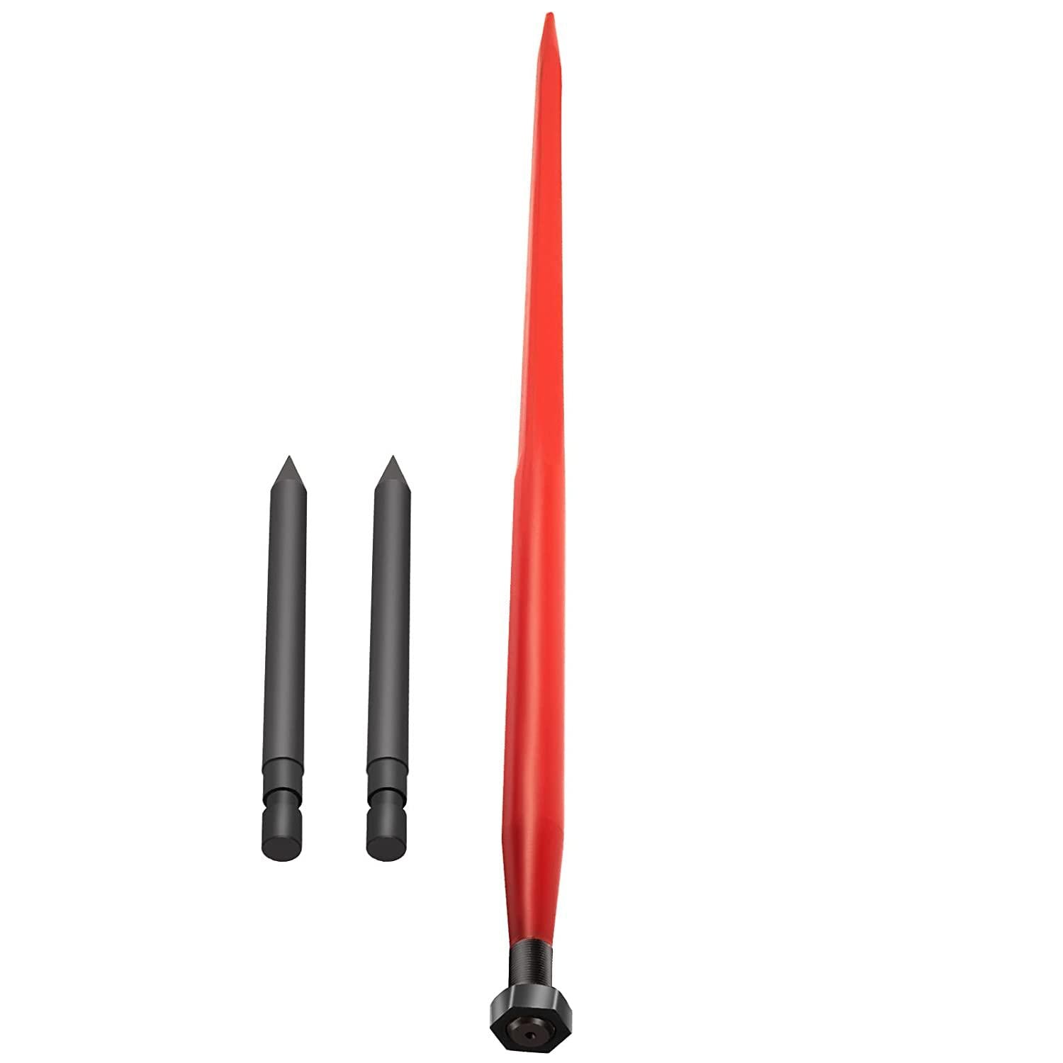mophorn hay spear 49" bale spear 3000 lbs capacity, bale spike quick attach square hay bale spears 1 3/4" wide, red coated bale forks, bale hay spike with 2 stabilizer spears conus 2