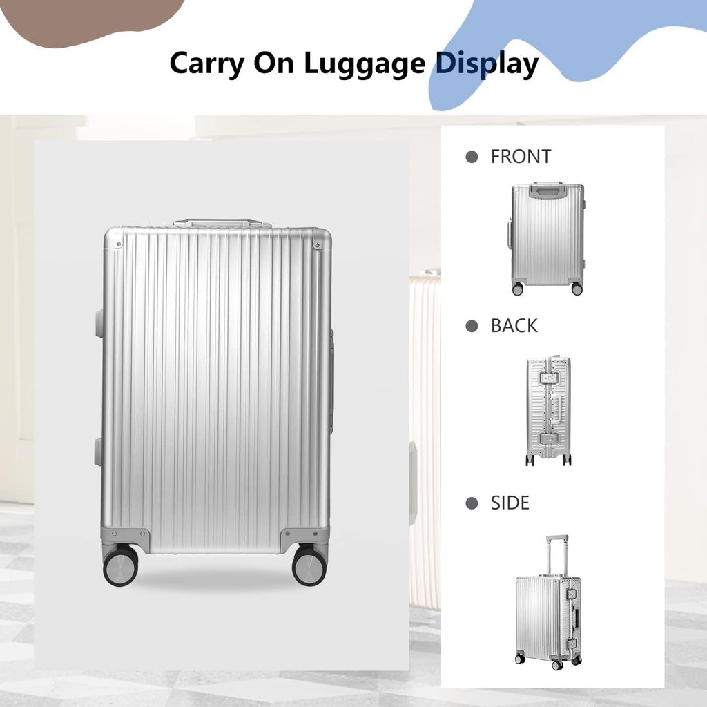 Aluminum Carry On Luggage Hard Shell Luggage Lightweight Metal Suitcases Zipperless Luggage with TSA Lock Fashion Suitcase with Spinner Wheels for Travel/Business( 1903 Sliver, 20 Inch )