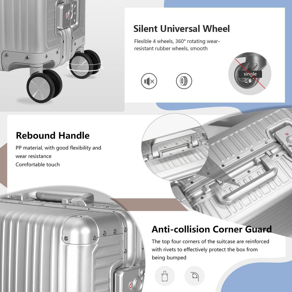 Aluminum Carry On Luggage Hard Shell Luggage Lightweight Metal Suitcases Zipperless Luggage with TSA Lock Fashion Suitcase with Spinner Wheels for Travel/Business( 1903 Sliver, 20 Inch )
