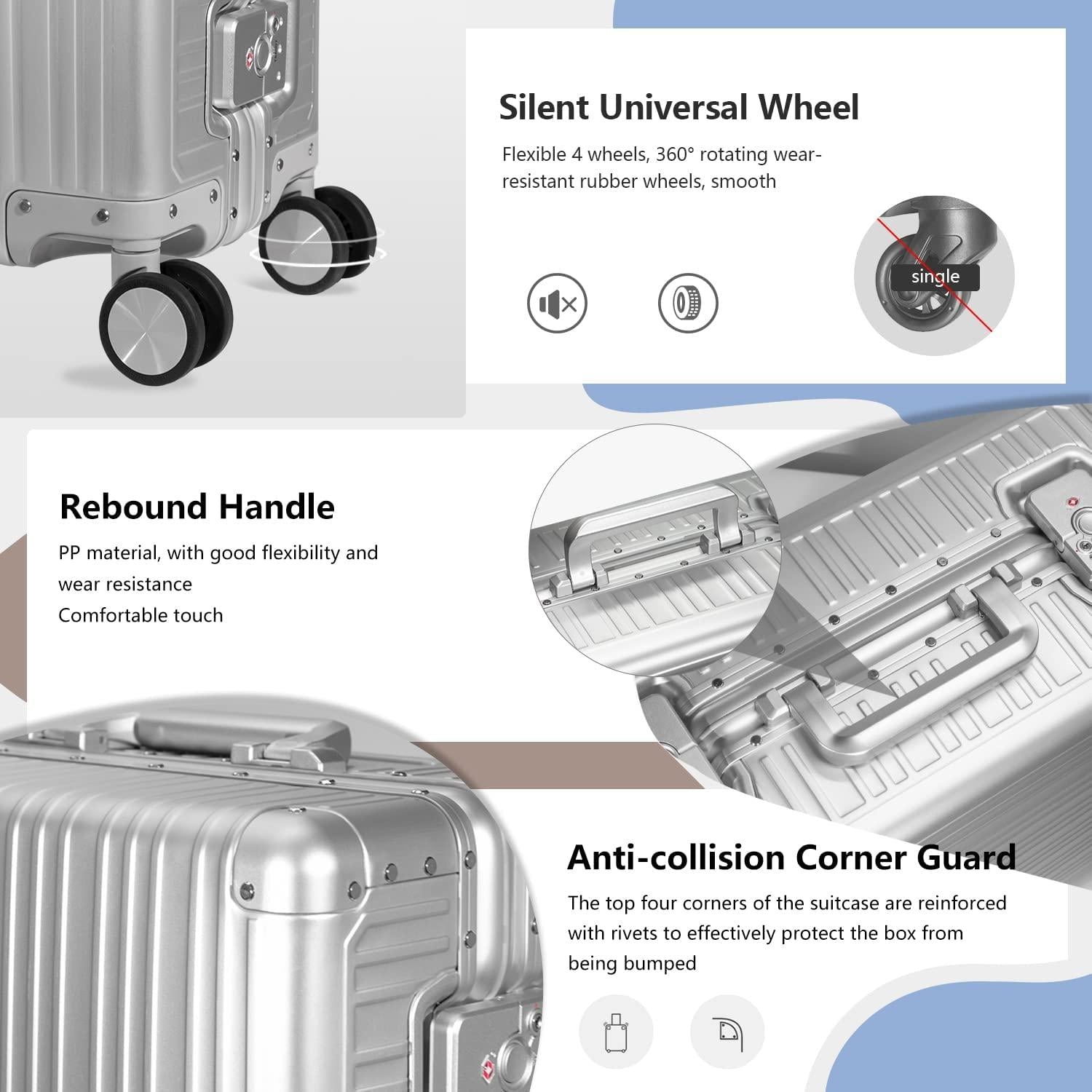 Aluminum Carry On Luggage Hard Shell Luggage Lightweight Metal Suitcases Zipperless Luggage with TSA Lock Fashion Suitcase with Spinner Wheels for Travel/Business( 1903 Sliver, 20 Inch )