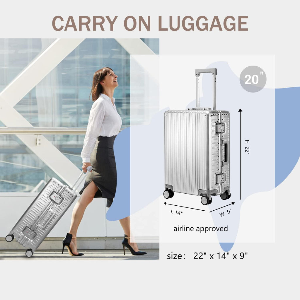 Aluminum Carry On Luggage Hard Shell Luggage Lightweight Metal Suitcases Zipperless Luggage with TSA Lock Fashion Suitcase with Spinner Wheels for Travel/Business( 1903 Sliver, 20 Inch )