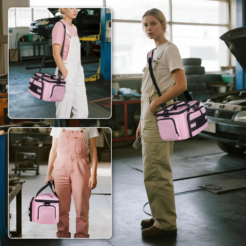 Pink Tool Bag for Women, Tool Organizer with Anti-friction Bottom | Detachable Divider, Wrapped Handles, Adjustable Shoulder Strap, Tactical RanBag for Electrician, Carpenters, Repairman