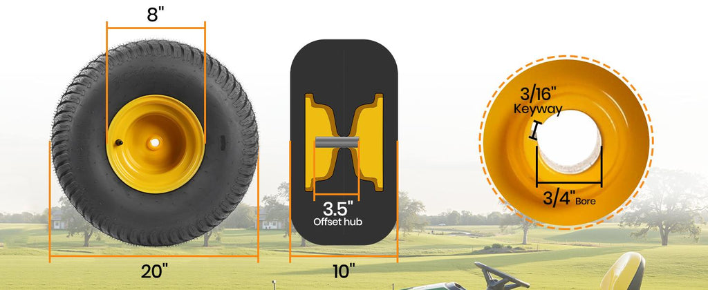 20x10.00-8 Tubeless Lawn Mower Tire and Wheel Assembly (2-Pack), 4-Ply Rear Tire with Steel Rim, 3/4" Bore &amp; 3/16" Keyway, 3.5" Offset Hub, S-Turf Tread, Riding Lawn Mower &amp; Garden Tractor